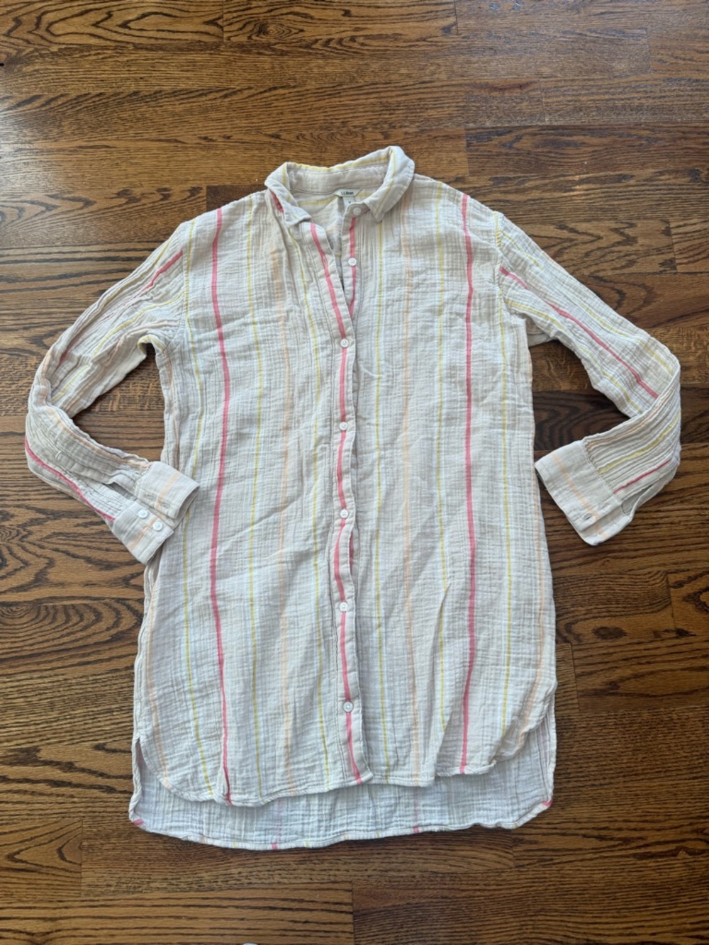 LL Bean Button Front Tunic Shirt Size M Cotton Gauze Beige Multi Stripe